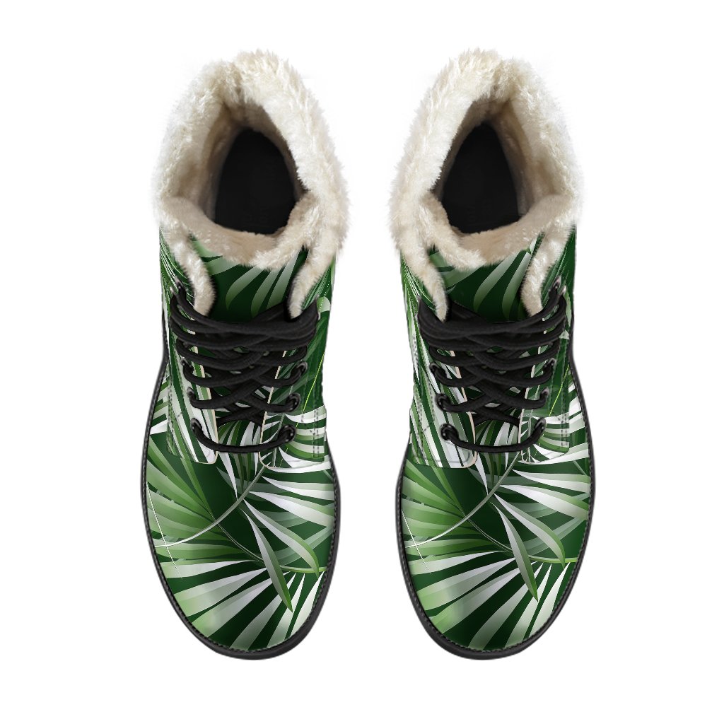 White Green Tropical Palm Leaves Faux Fur Leather Boots-JTAMIGO.COM