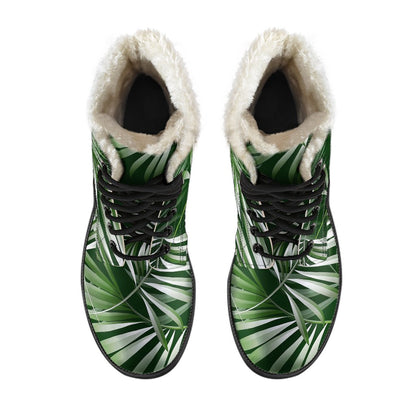 White Green Tropical Palm Leaves Faux Fur Leather Boots-JTAMIGO.COM