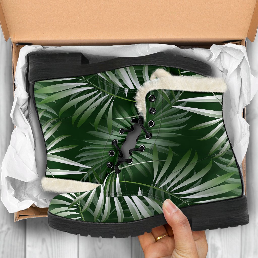 White Green Tropical Palm Leaves Faux Fur Leather Boots-JTAMIGO.COM