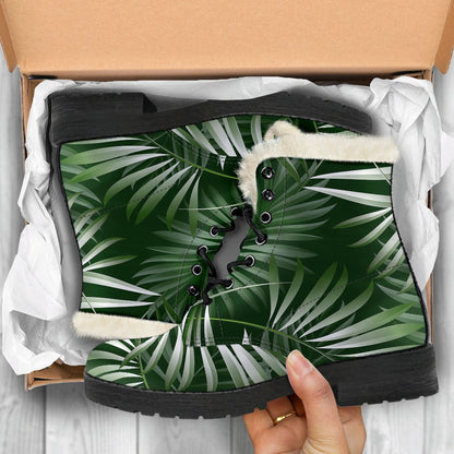 White Green Tropical Palm Leaves Faux Fur Leather Boots-JTAMIGO.COM