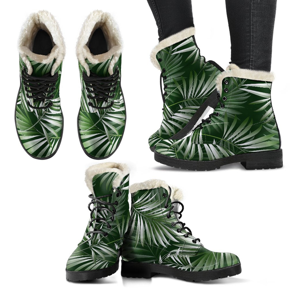 White Green Tropical Palm Leaves Faux Fur Leather Boots-JTAMIGO.COM