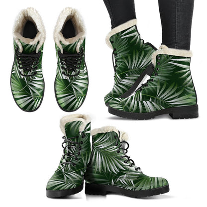 White Green Tropical Palm Leaves Faux Fur Leather Boots-JTAMIGO.COM