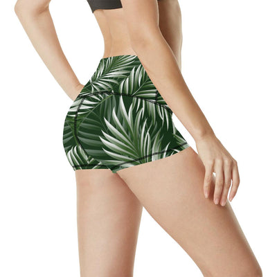 White Green Tropical Palm Leaves High Waisted Spandex Shorts-JTAMIGO.COM