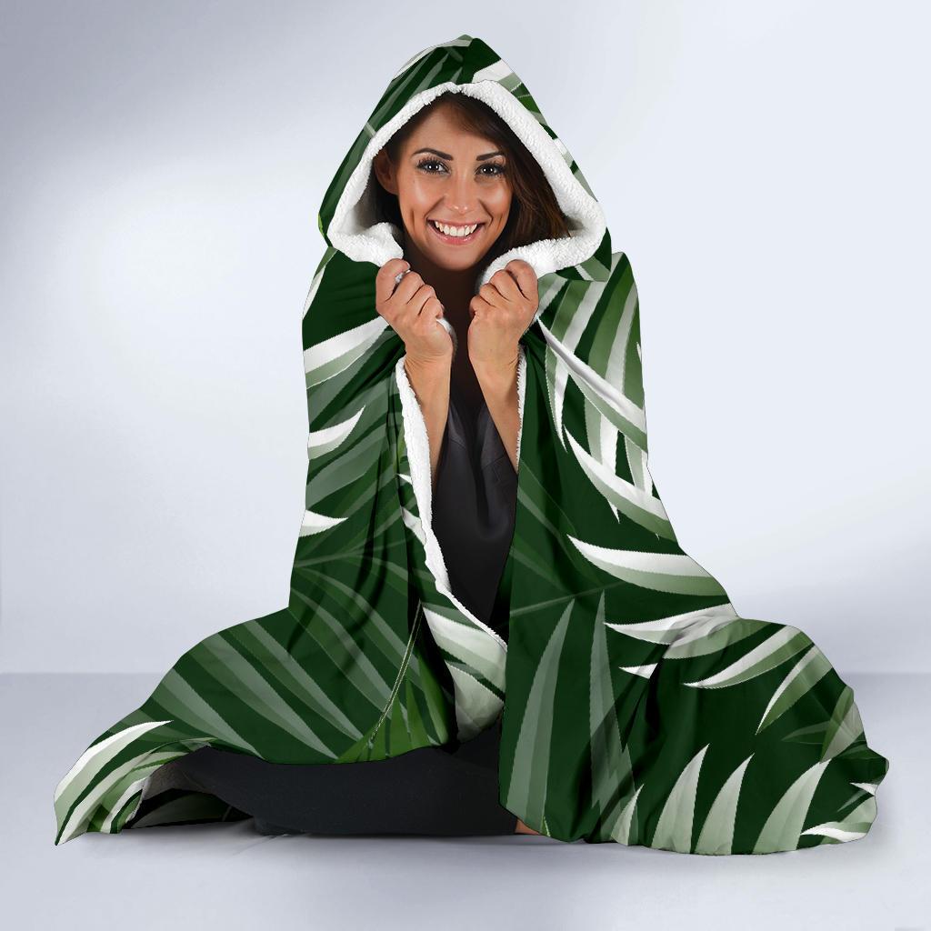 White Green Tropical Palm Leaves Hooded Blanket-JTAMIGO.COM