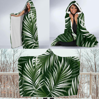 White Green Tropical Palm Leaves Hooded Blanket-JTAMIGO.COM