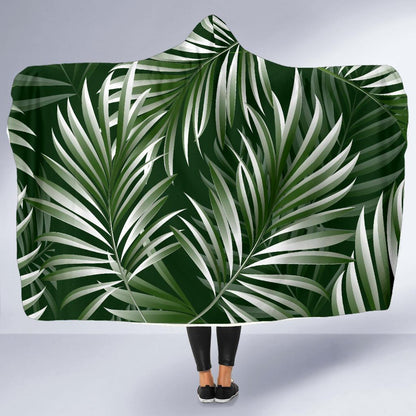 White Green Tropical Palm Leaves Hooded Blanket-JTAMIGO.COM