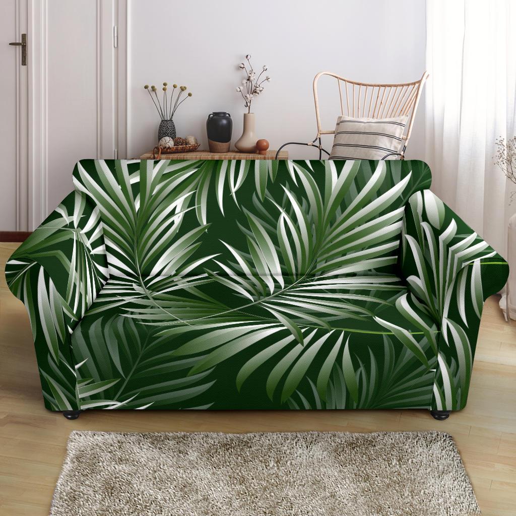 White Green Tropical Palm Leaves Loveseat Slipcover-JTAMIGO.COM