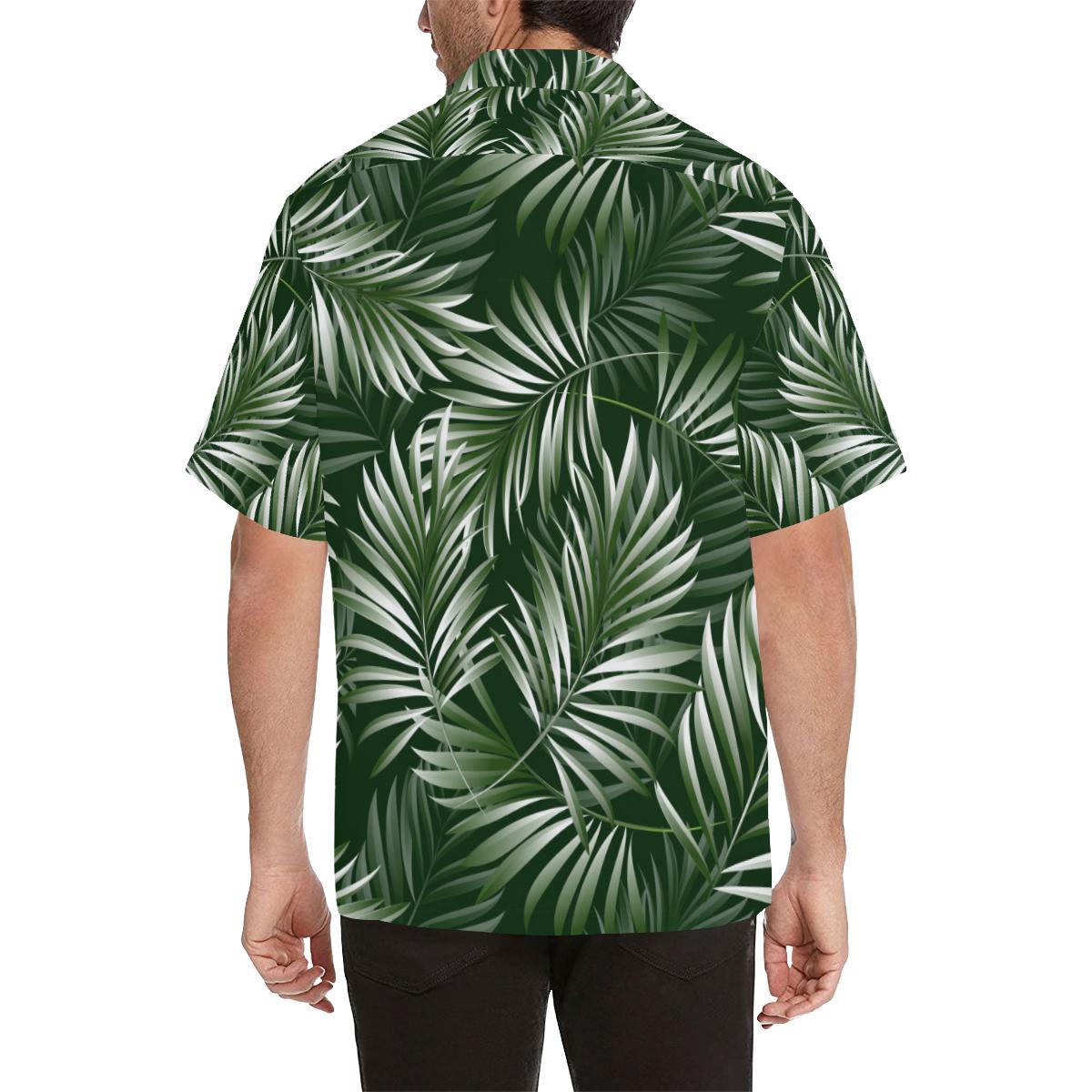 White Green Tropical Palm Leaves Men Aloha Hawaiian Shirt