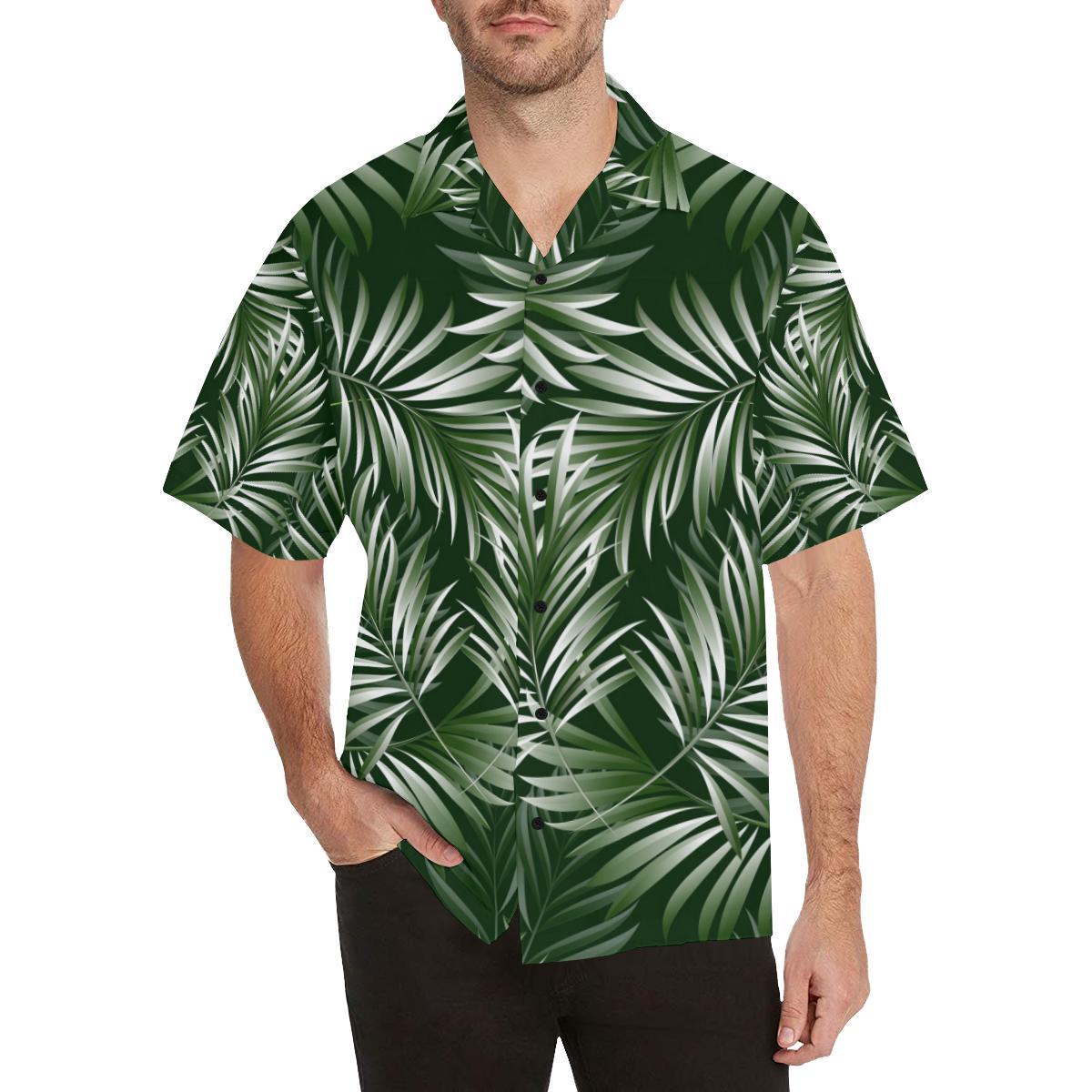 White Green Tropical Palm Leaves Men Aloha Hawaiian Shirt