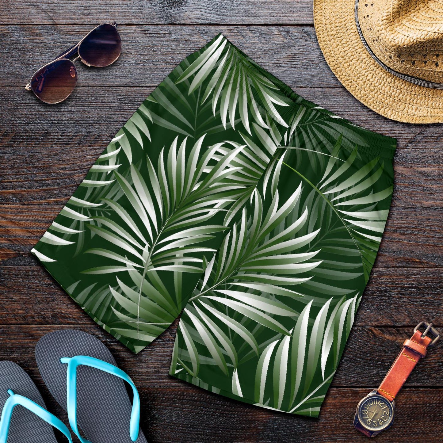 White Green Tropical Palm Leaves Mens Shorts-JTAMIGO.COM