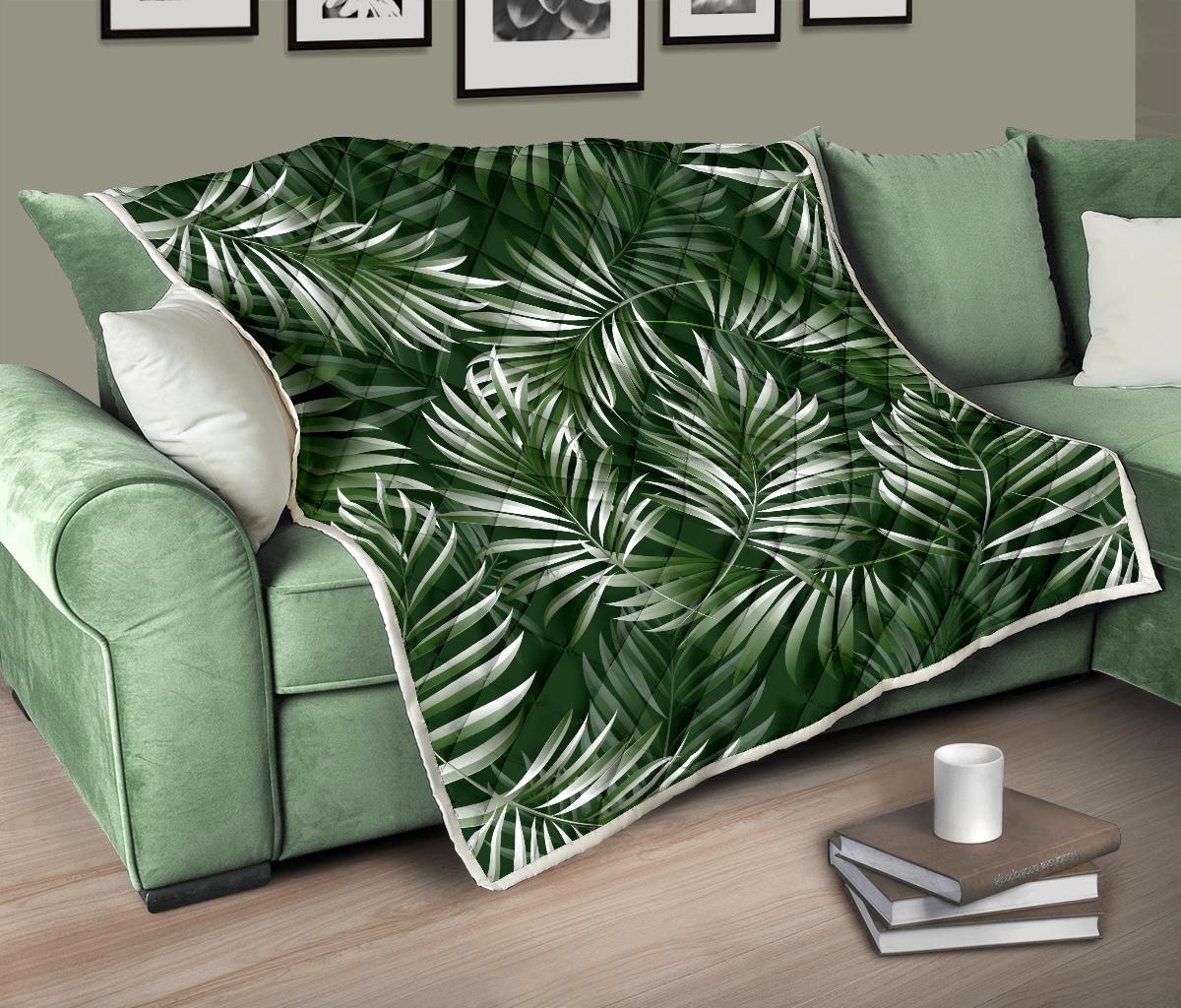 White Green Tropical Palm Leaves Premium Quilt-JTAMIGO.COM