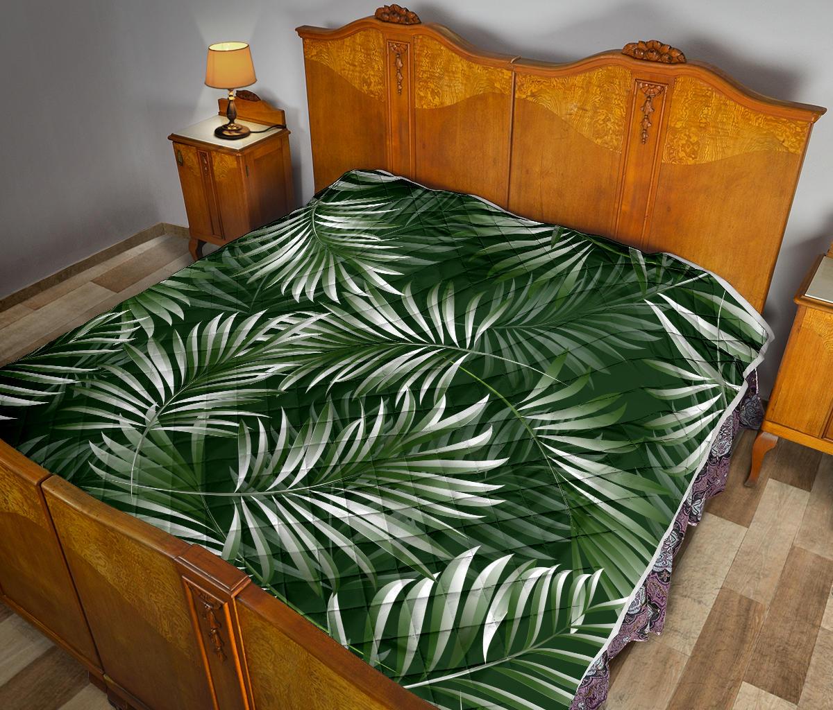 White Green Tropical Palm Leaves Premium Quilt-JTAMIGO.COM