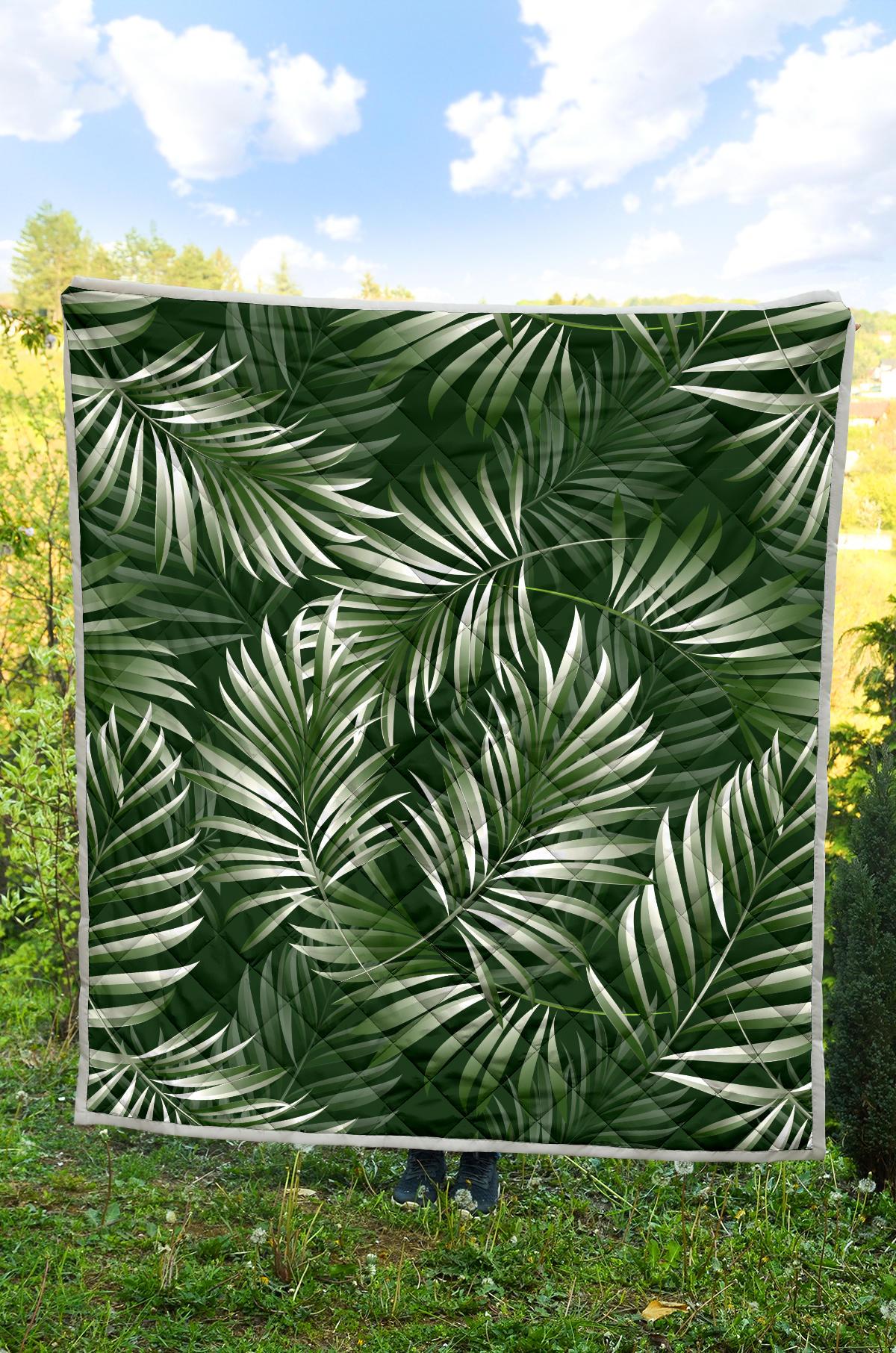 White Green Tropical Palm Leaves Premium Quilt-JTAMIGO.COM