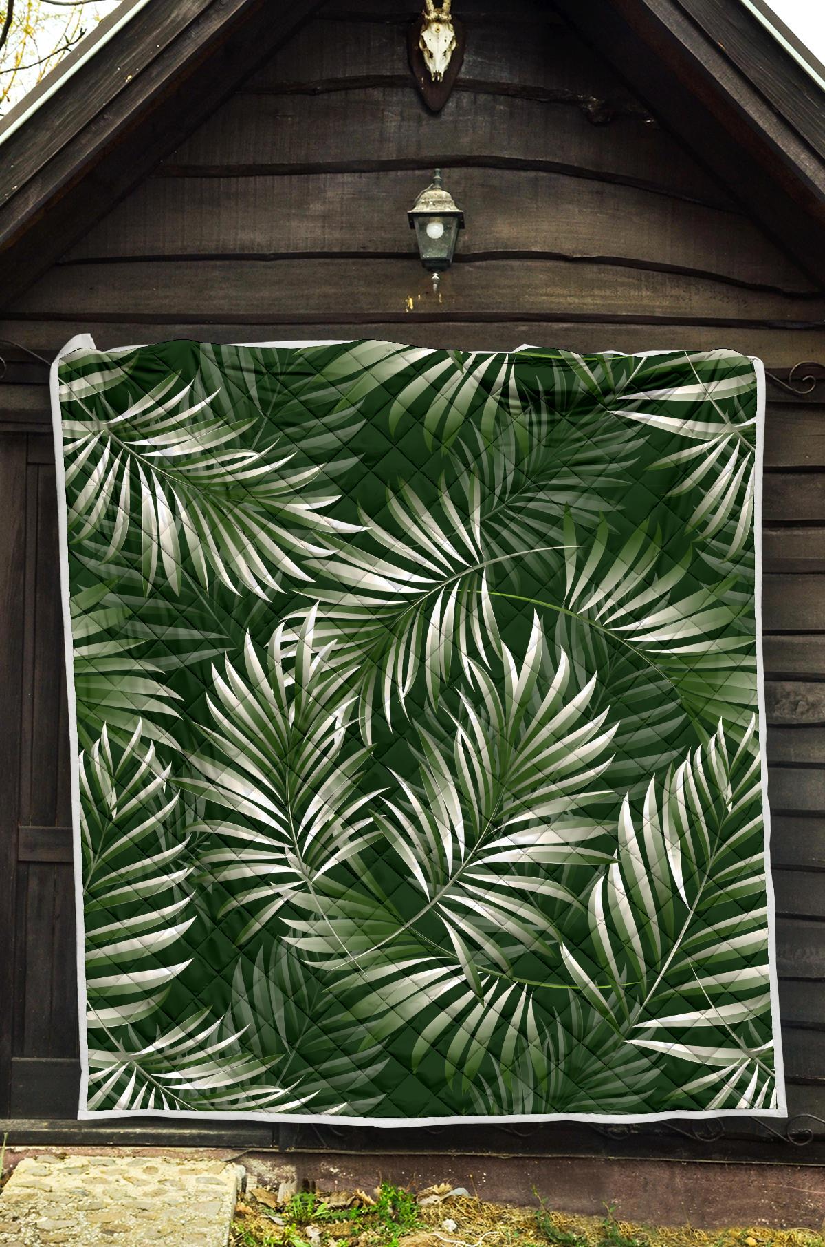 White Green Tropical Palm Leaves Premium Quilt-JTAMIGO.COM