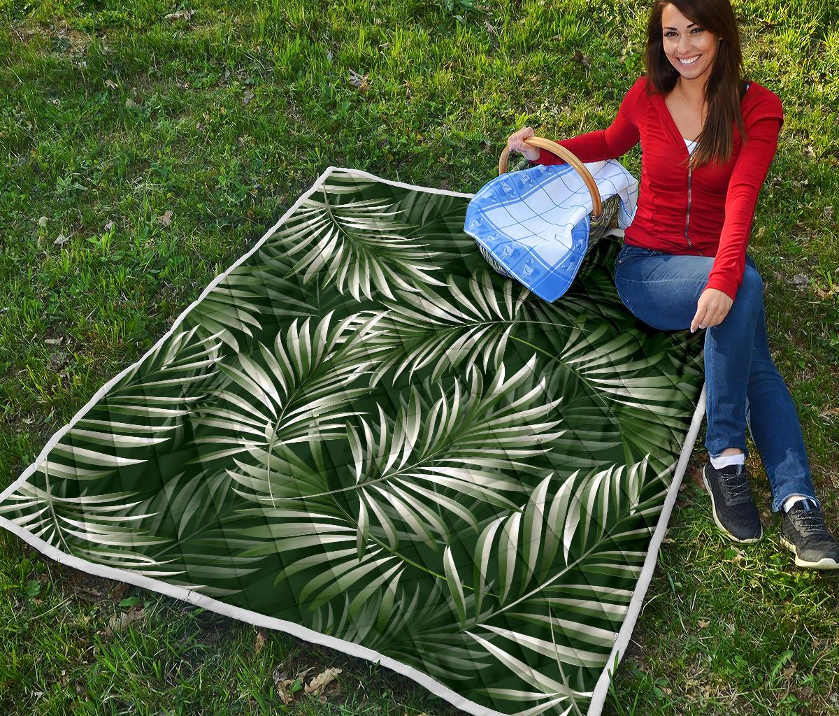 White Green Tropical Palm Leaves Premium Quilt-JTAMIGO.COM