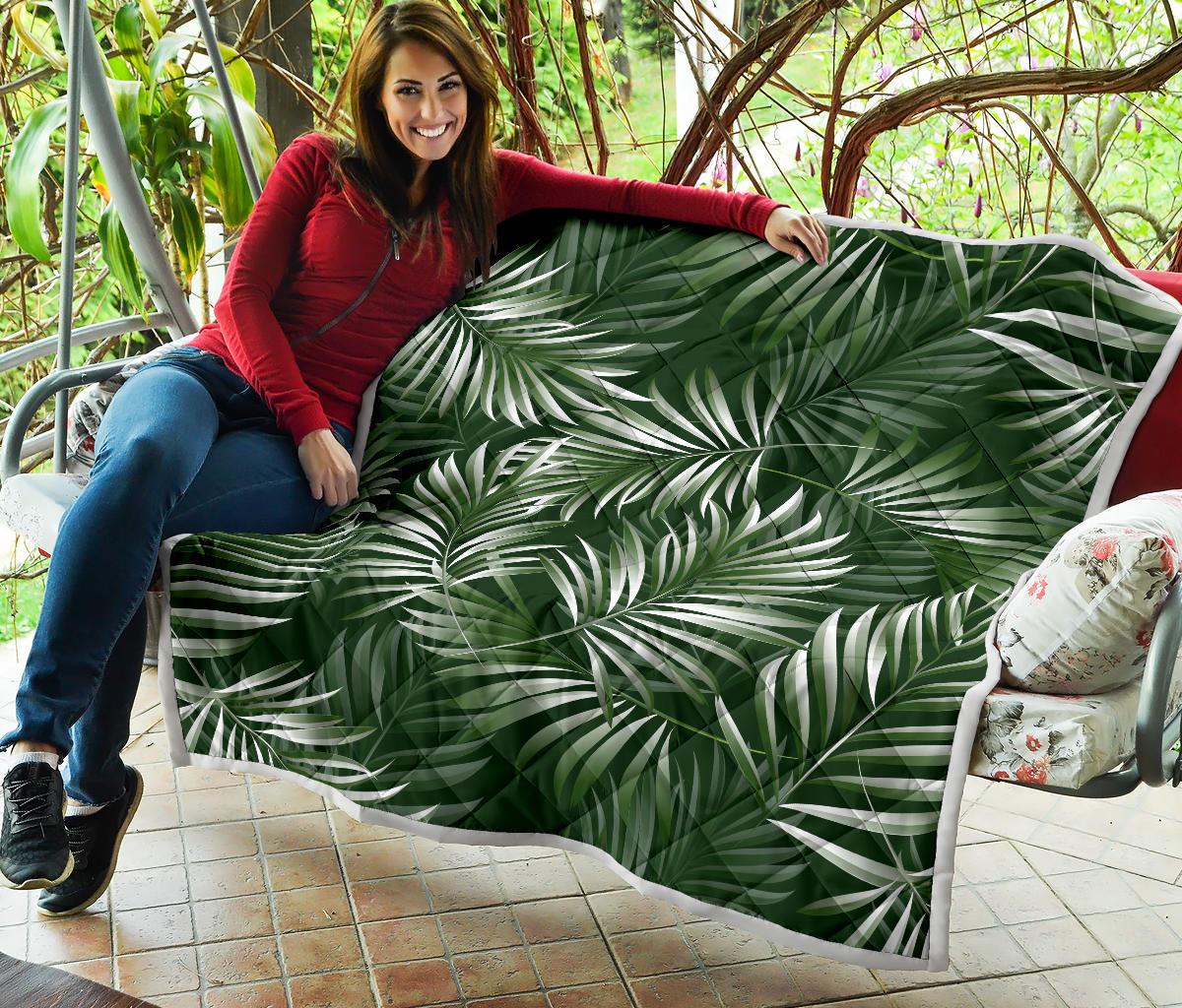 White Green Tropical Palm Leaves Premium Quilt-JTAMIGO.COM