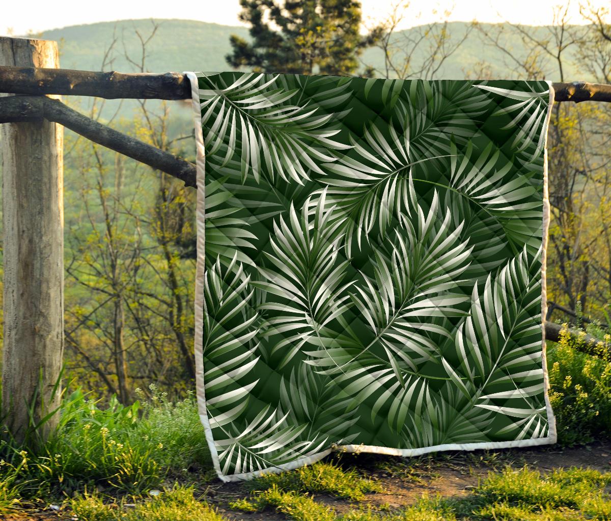 White Green Tropical Palm Leaves Premium Quilt-JTAMIGO.COM
