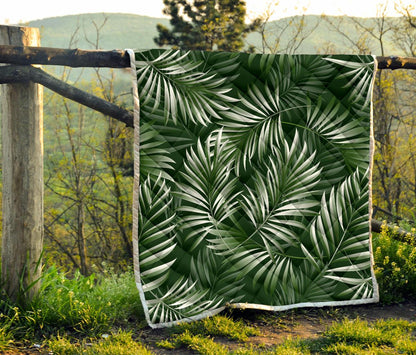 White Green Tropical Palm Leaves Premium Quilt-JTAMIGO.COM