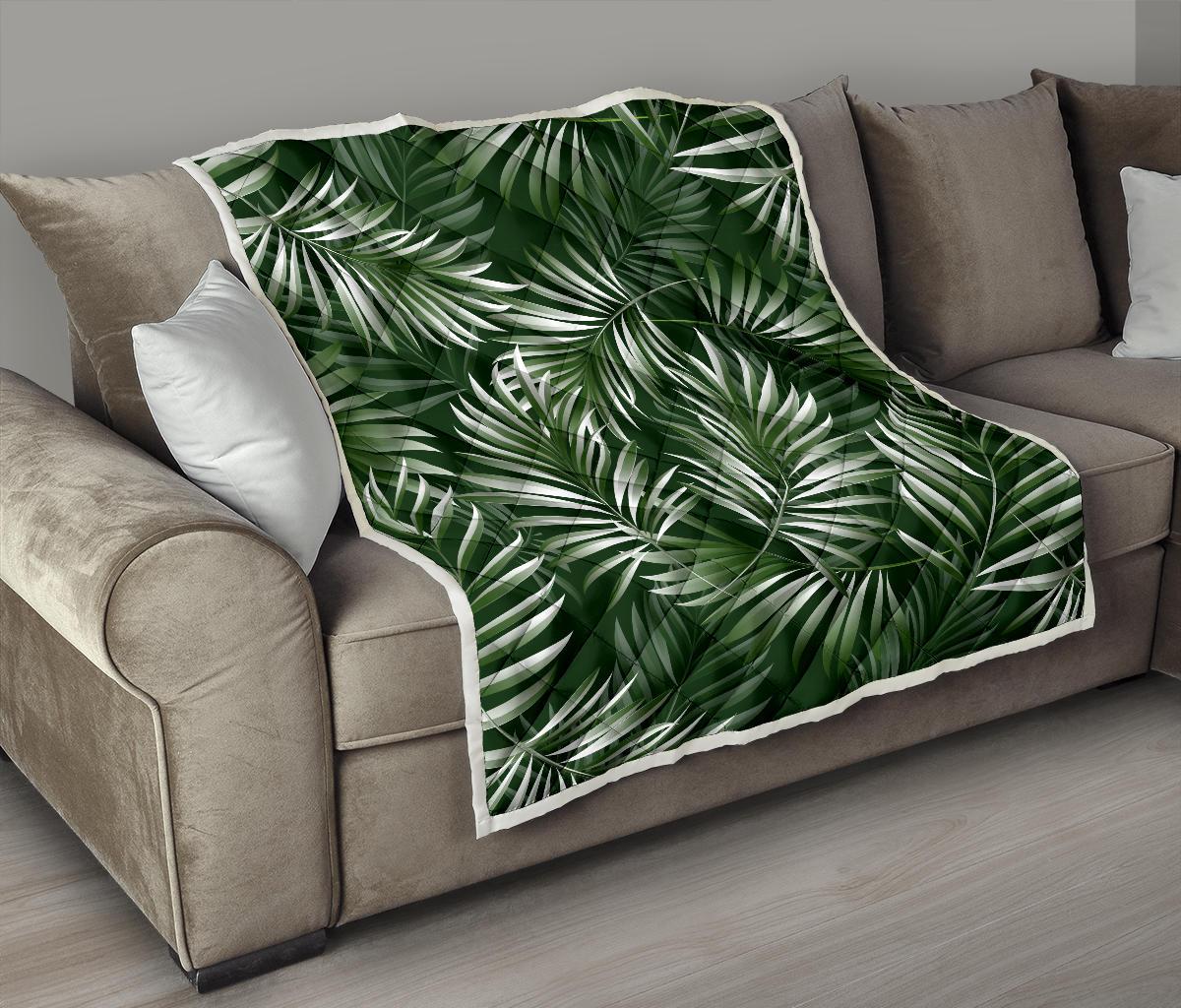 White Green Tropical Palm Leaves Premium Quilt-JTAMIGO.COM