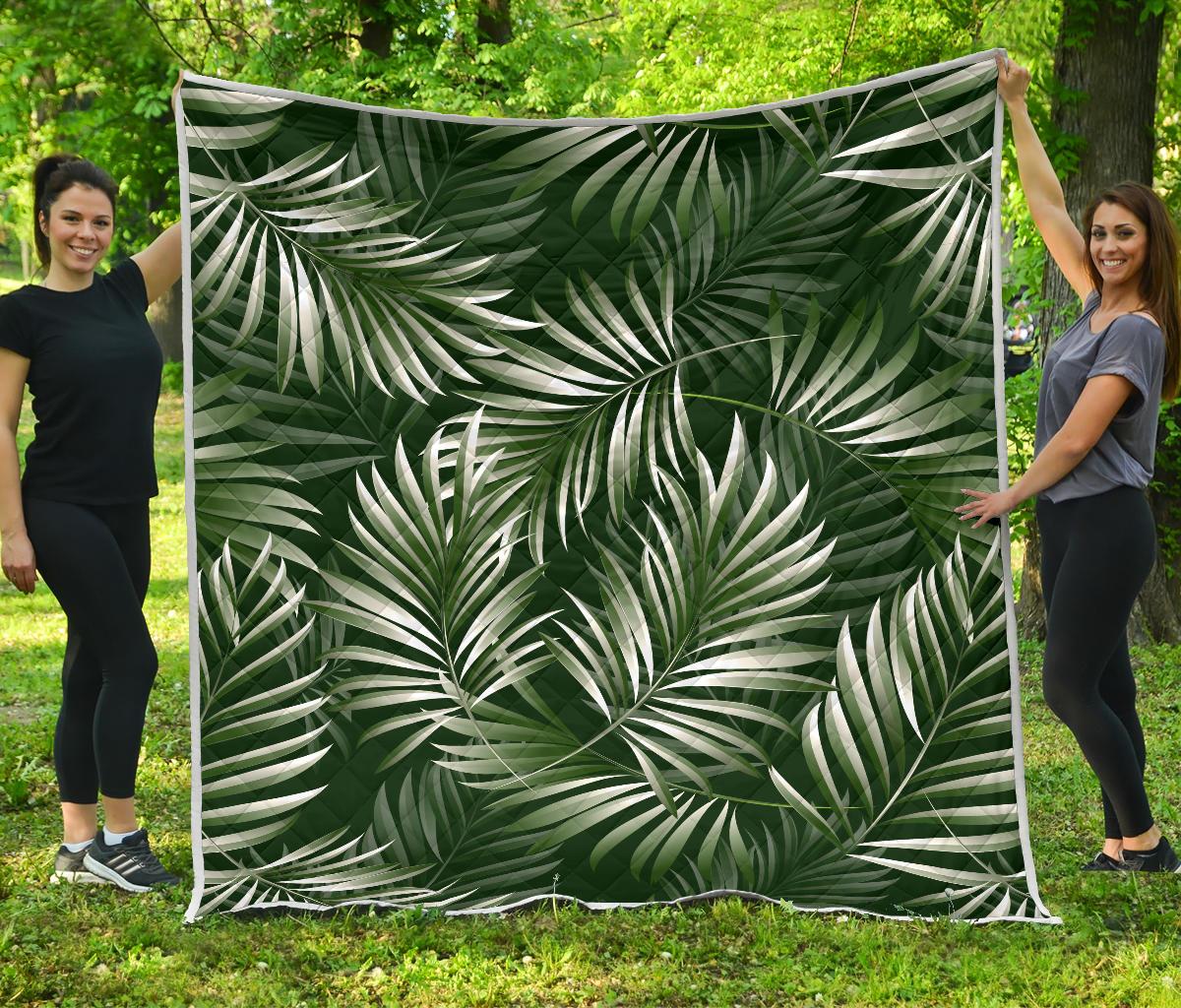 White Green Tropical Palm Leaves Premium Quilt-JTAMIGO.COM