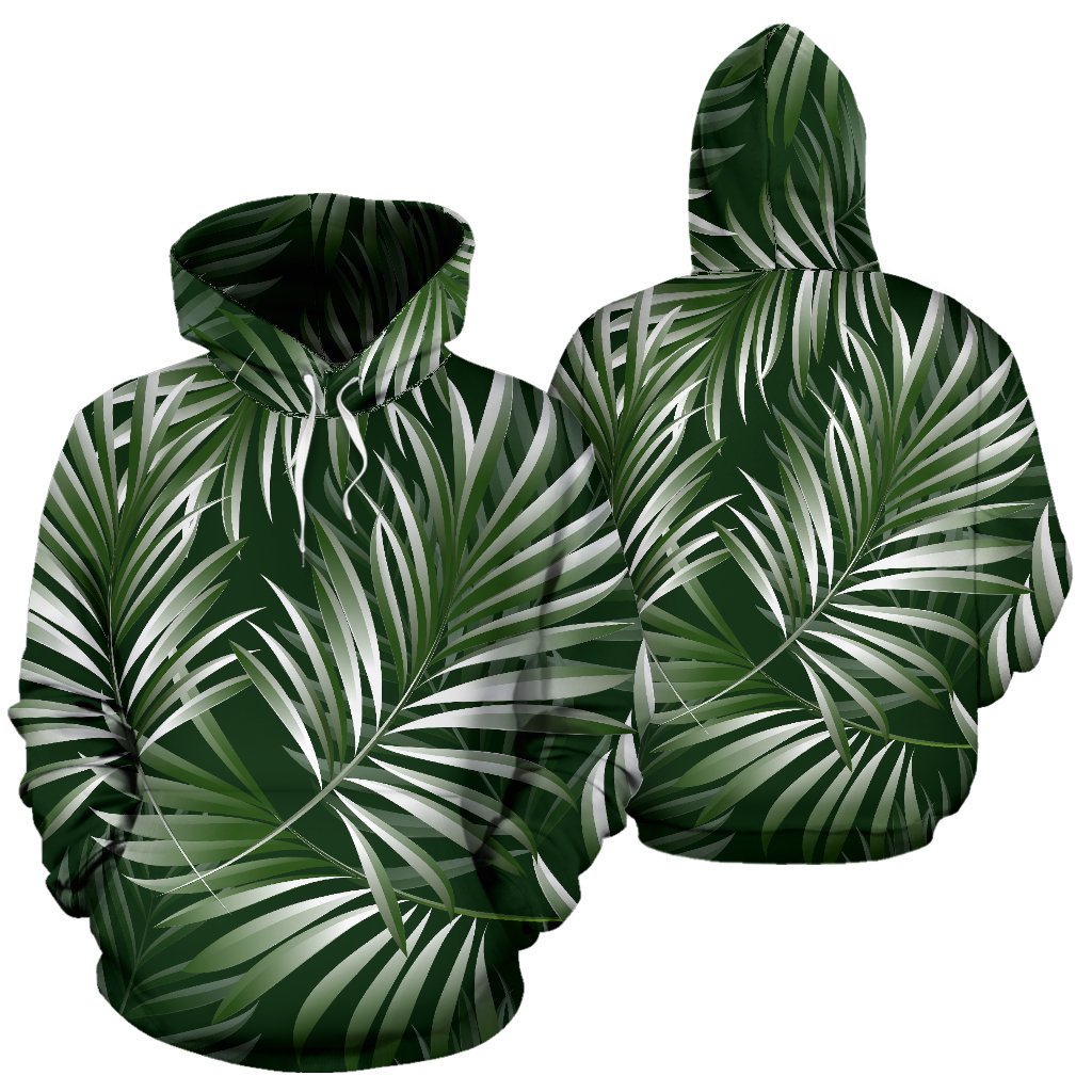 White Green Tropical Palm Leaves Pullover Hoodie