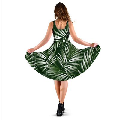 White Green Tropical Palm Leaves Sleeveless Dress