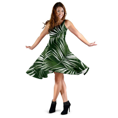 White Green Tropical Palm Leaves Sleeveless Dress