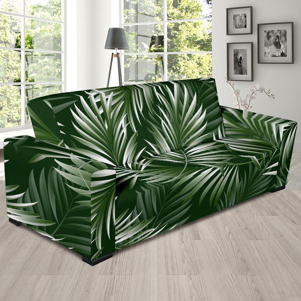 White Green Tropical Palm Leaves Sofa Slipcover-JTAMIGO.COM