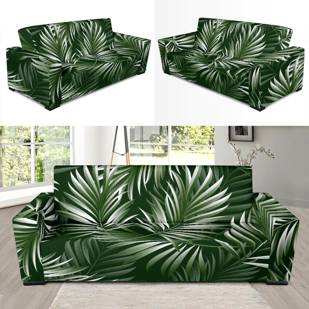 White Green Tropical Palm Leaves Sofa Slipcover-JTAMIGO.COM