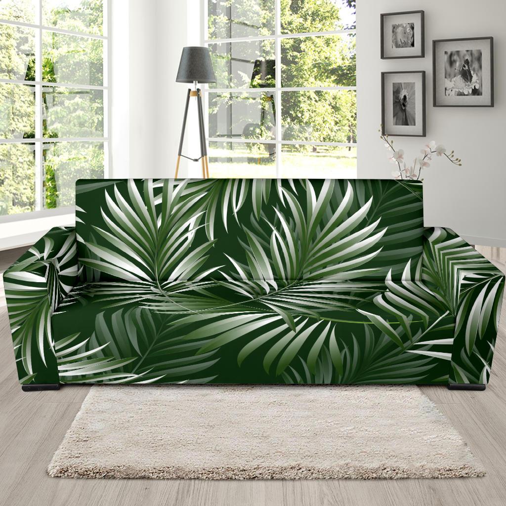 White Green Tropical Palm Leaves Sofa Slipcover-JTAMIGO.COM