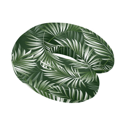 White Green Tropical Palm Leaves U-Shaped Travel Neck Pillow-JTAMIGO.COM