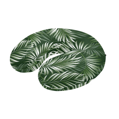 White Green Tropical Palm Leaves U-Shaped Travel Neck Pillow-JTAMIGO.COM