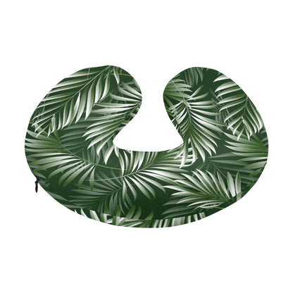 White Green Tropical Palm Leaves U-Shaped Travel Neck Pillow-JTAMIGO.COM