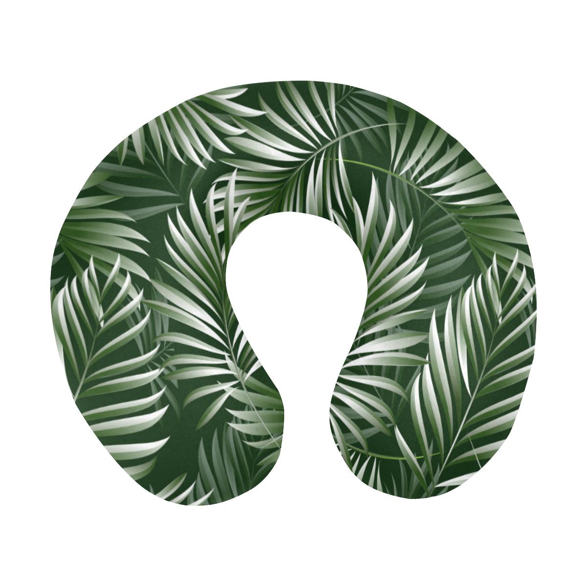 White Green Tropical Palm Leaves U-Shaped Travel Neck Pillow-JTAMIGO.COM