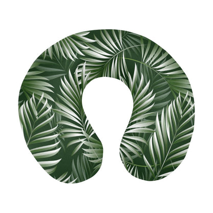 White Green Tropical Palm Leaves U-Shaped Travel Neck Pillow-JTAMIGO.COM