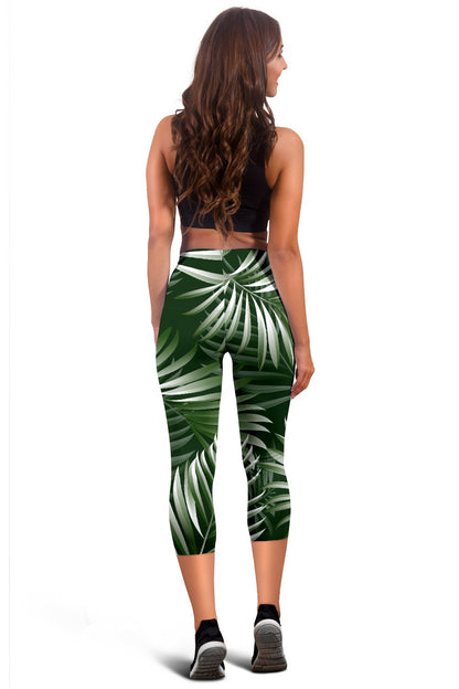 White Green Tropical Palm Leaves Women Capris