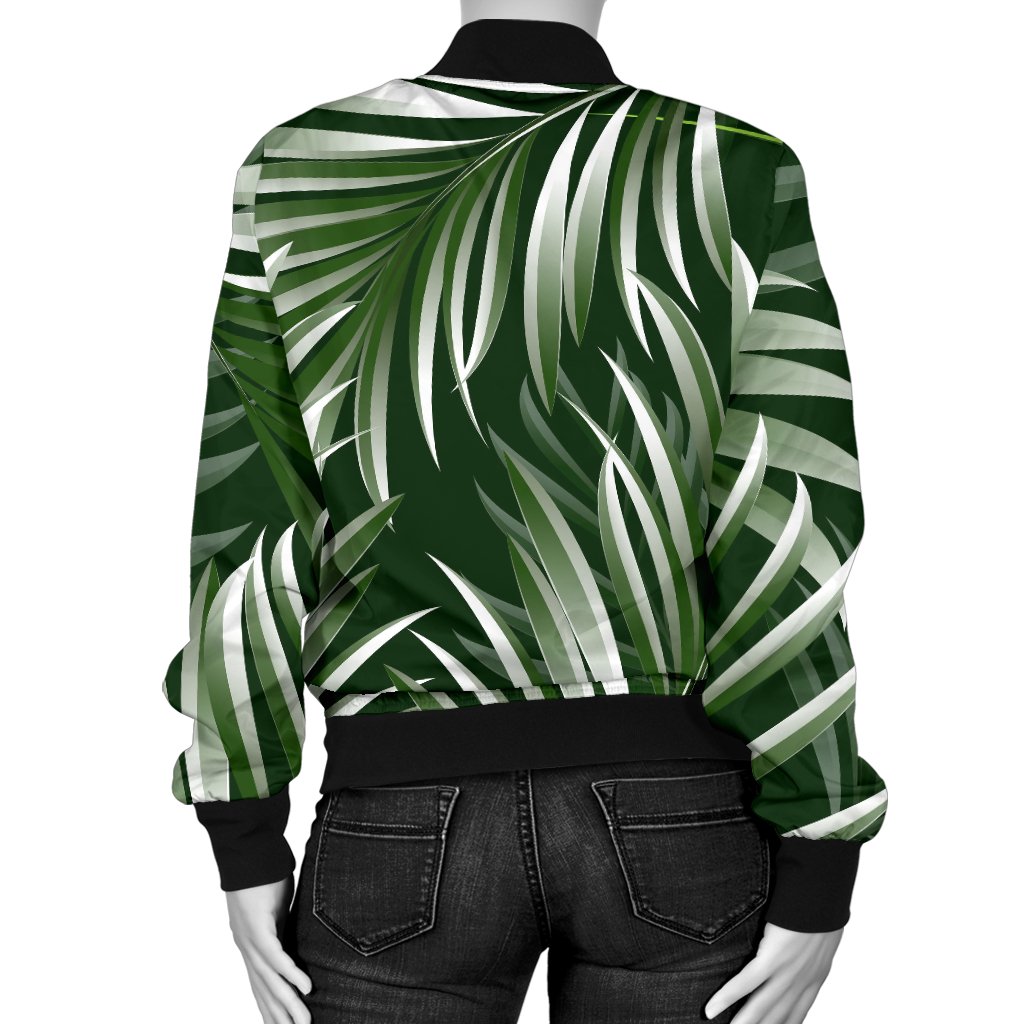White Green Tropical Palm Leaves Women Casual Bomber Jacket