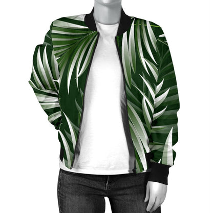 White Green Tropical Palm Leaves Women Casual Bomber Jacket