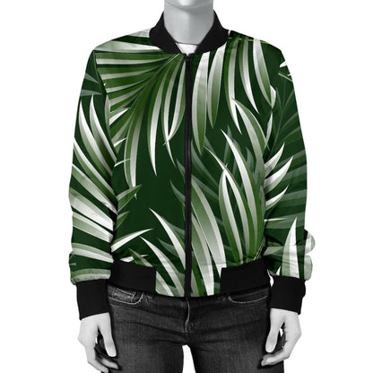 White Green Tropical Palm Leaves Women Casual Bomber Jacket