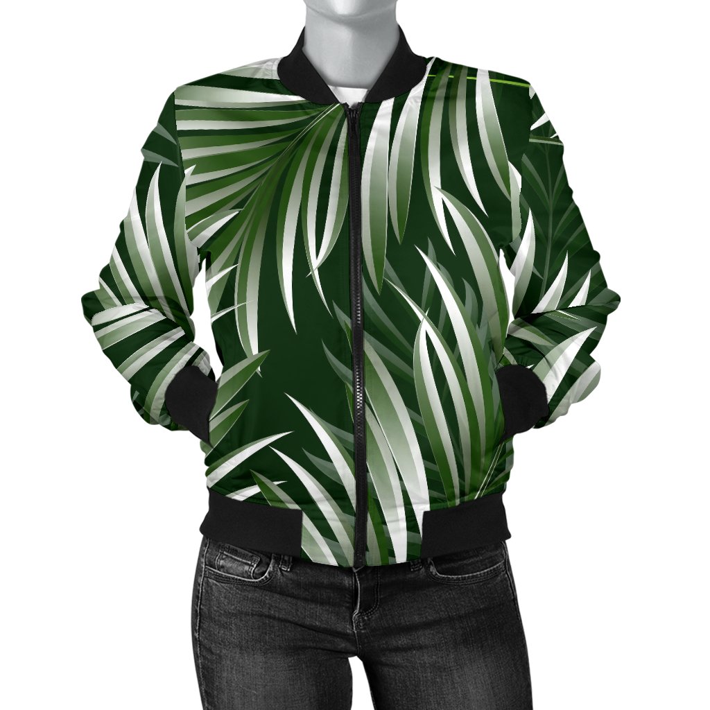 White Green Tropical Palm Leaves Women Casual Bomber Jacket