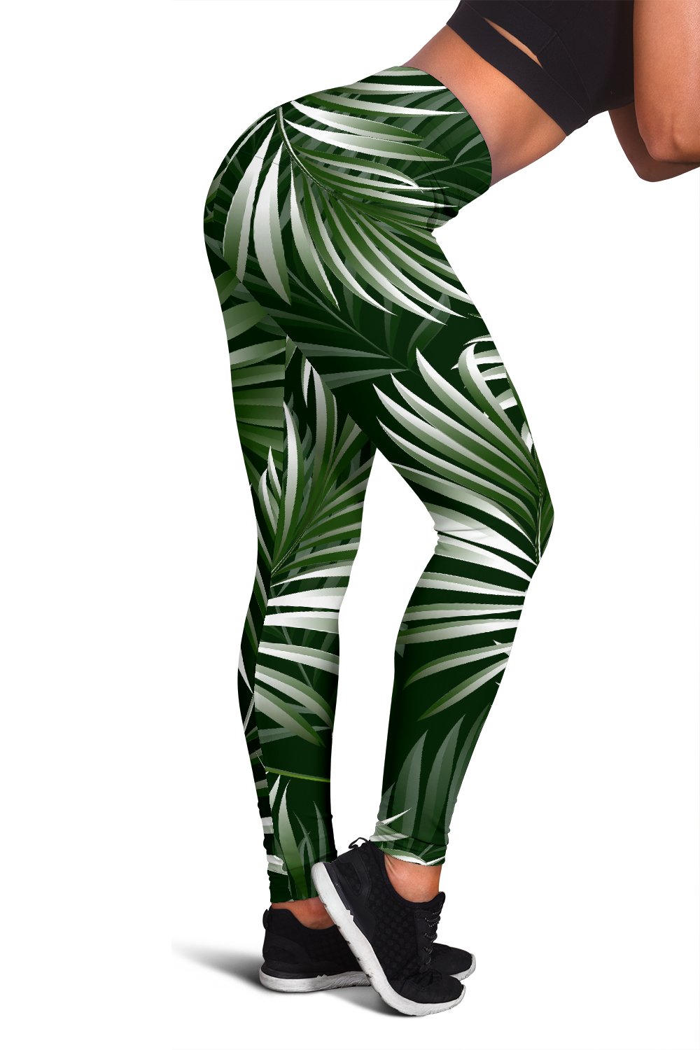 White Green Tropical Palm Leaves Women Leggings