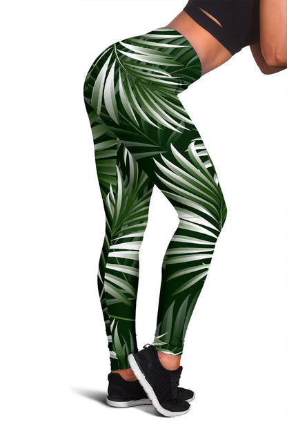 White Green Tropical Palm Leaves Women Leggings