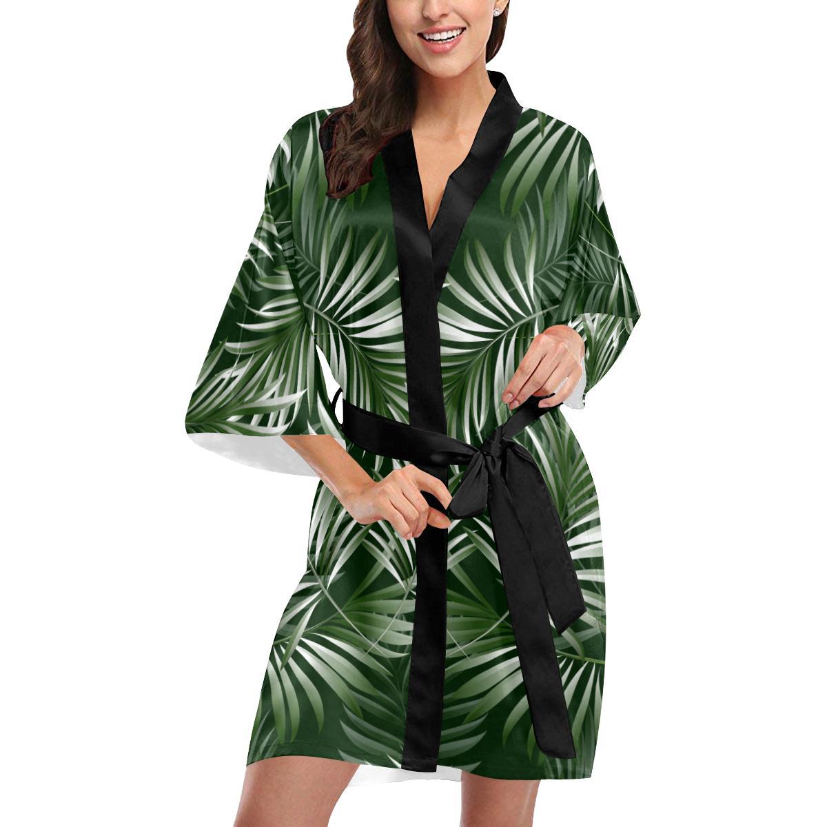White Green Tropical Palm Leaves Women Short Kimono Robe