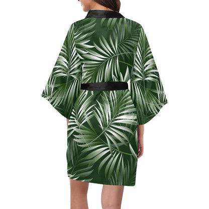White Green Tropical Palm Leaves Women Short Kimono Robe