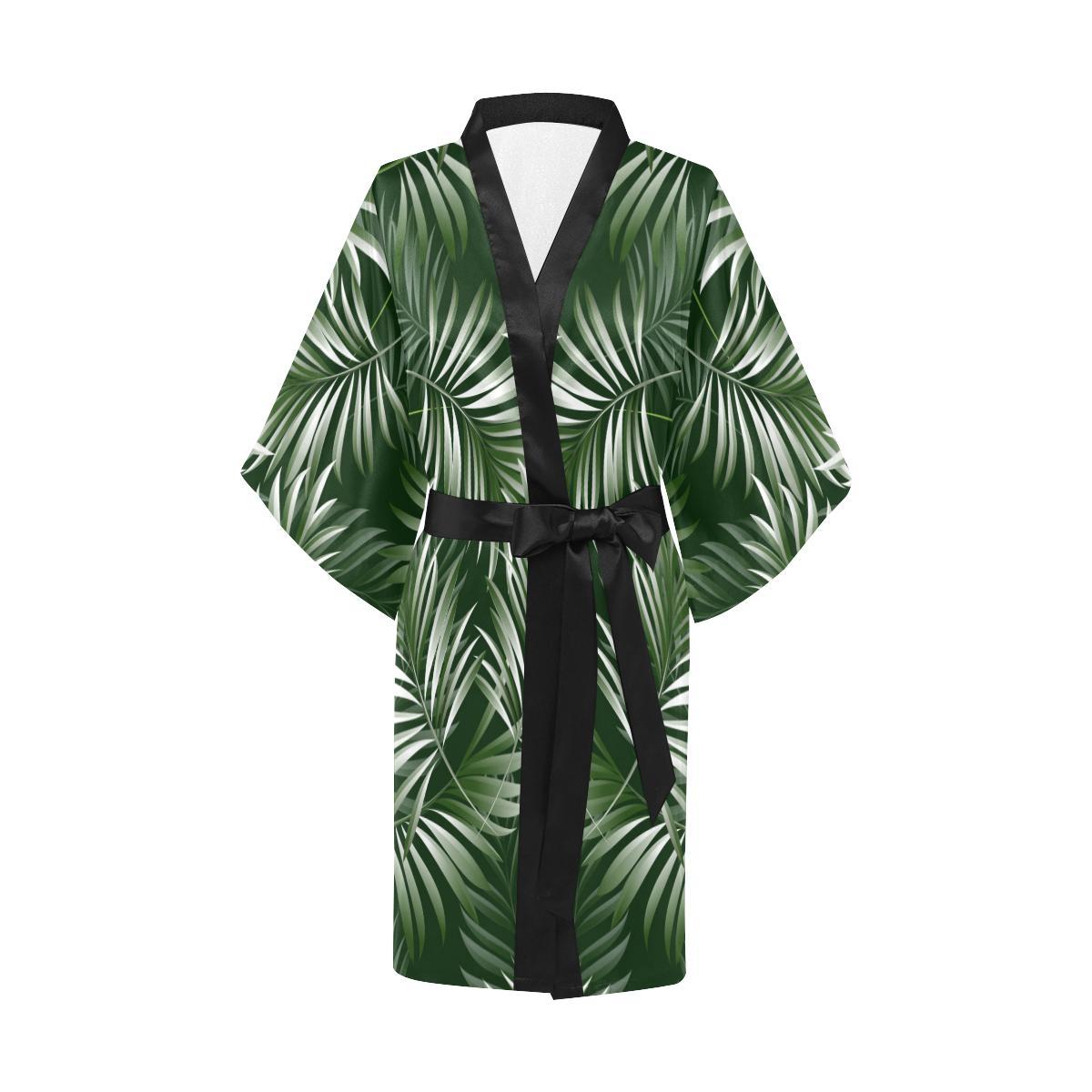 White Green Tropical Palm Leaves Women Short Kimono Robe