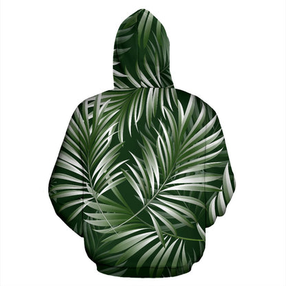White Green Tropical Palm Leaves Zip Up Hoodie