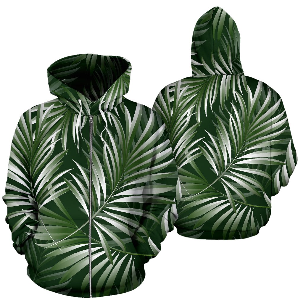 White Green Tropical Palm Leaves Zip Up Hoodie