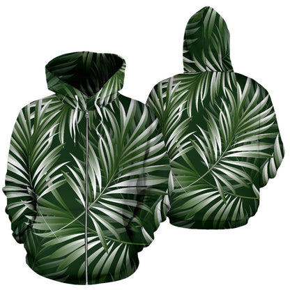 White Green Tropical Palm Leaves Zip Up Hoodie