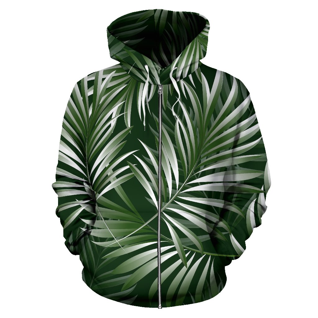 White Green Tropical Palm Leaves Zip Up Hoodie