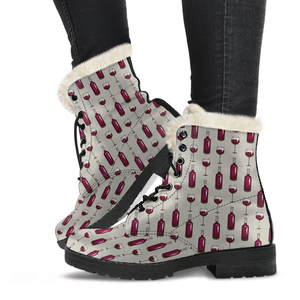 Wine Bottle Pattern Print Faux Fur Leather Boots-JTAMIGO.COM